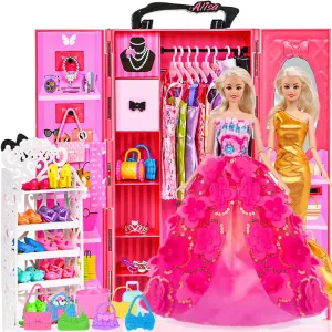 105 Pcs Doll Closet Wardrobe Set Dream Closet Playest Doll Clothes and Accessories for 11.5 Inch Girl Doll Including Wardrobe,Shoes Rack,Dress,Shoes Hangers,Necklace and Other Accessories(No Doll)