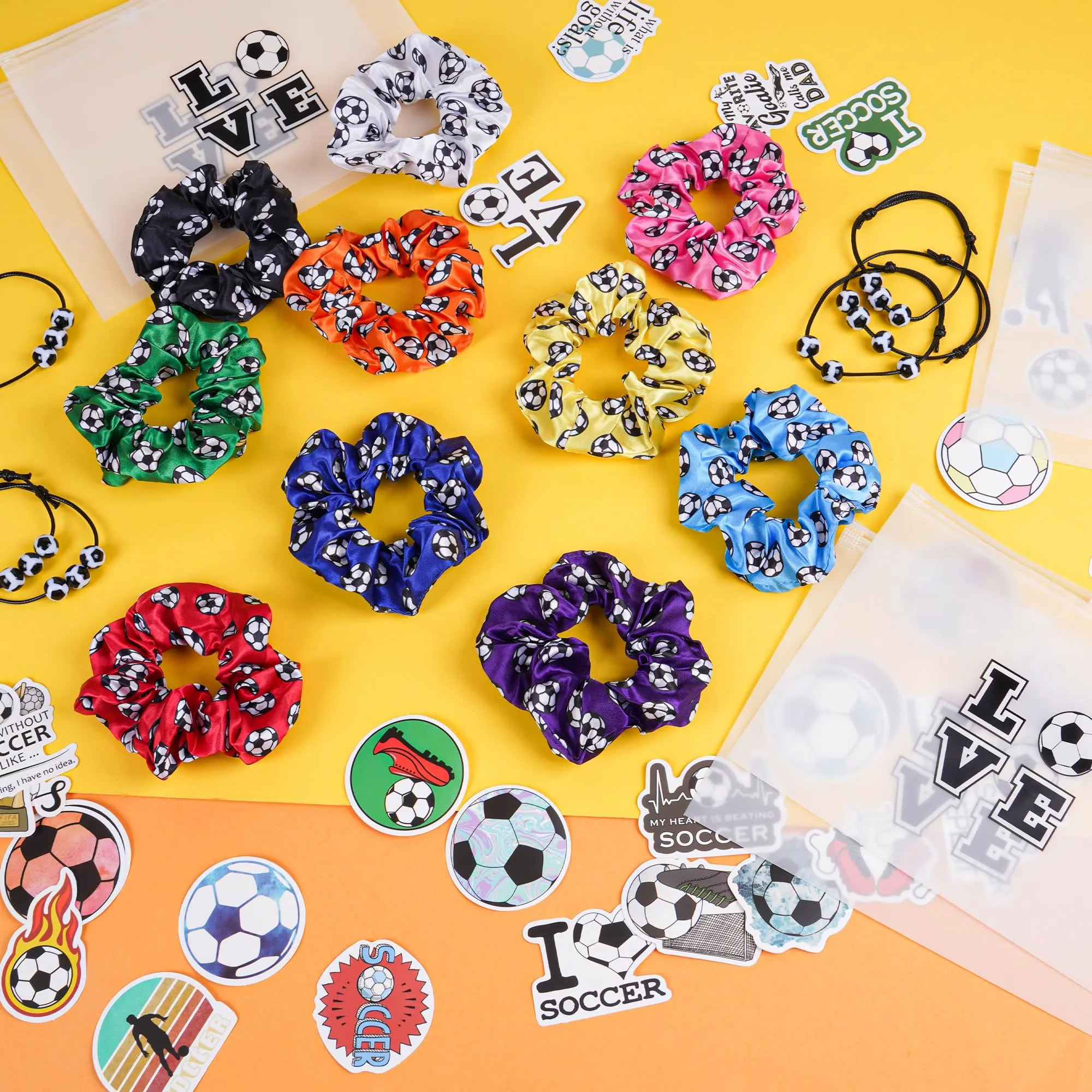 160 Pieces Soccer Team Gifts for Girls 20 Pieces Soccer Scrunchies Hair Ties,20 Pieces Soccer Bracelet,20 pieces Soccer Makeup Bag and 100 Pieces Soccer Stickers (Soccer)