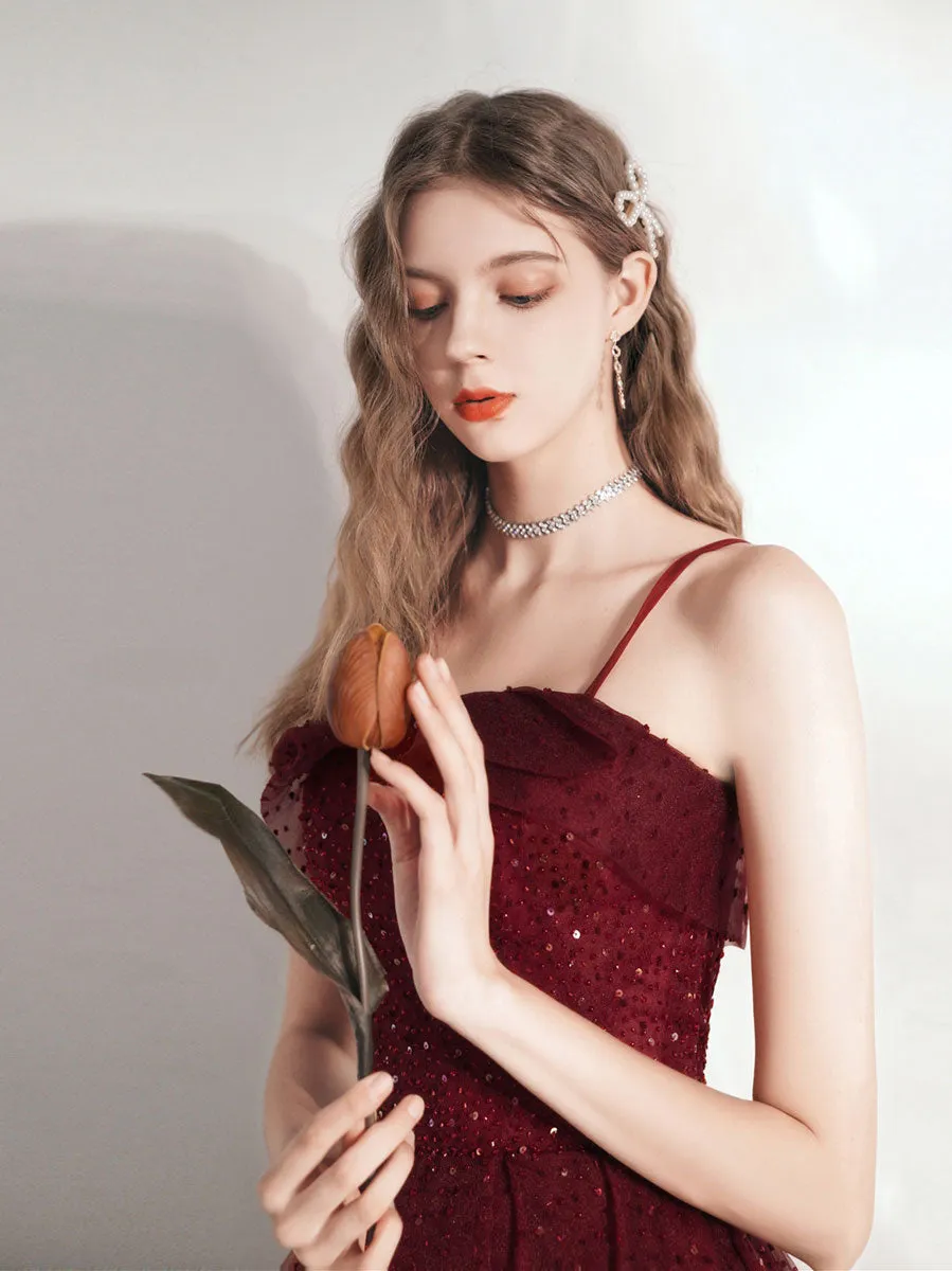 Aline Tea Length Burgundy Prom Dress, Burgundy Homecoming Dress