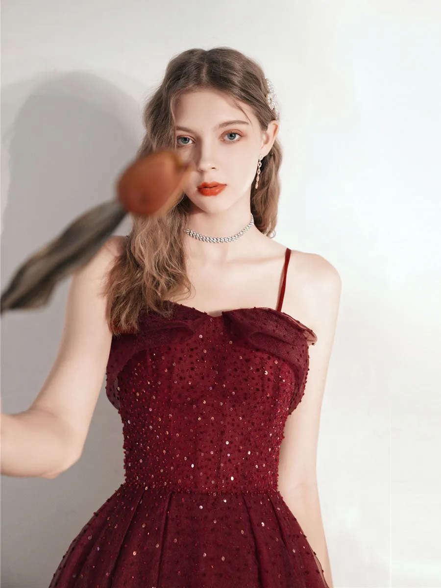 Aline Tea Length Burgundy Prom Dress, Burgundy Homecoming Dress