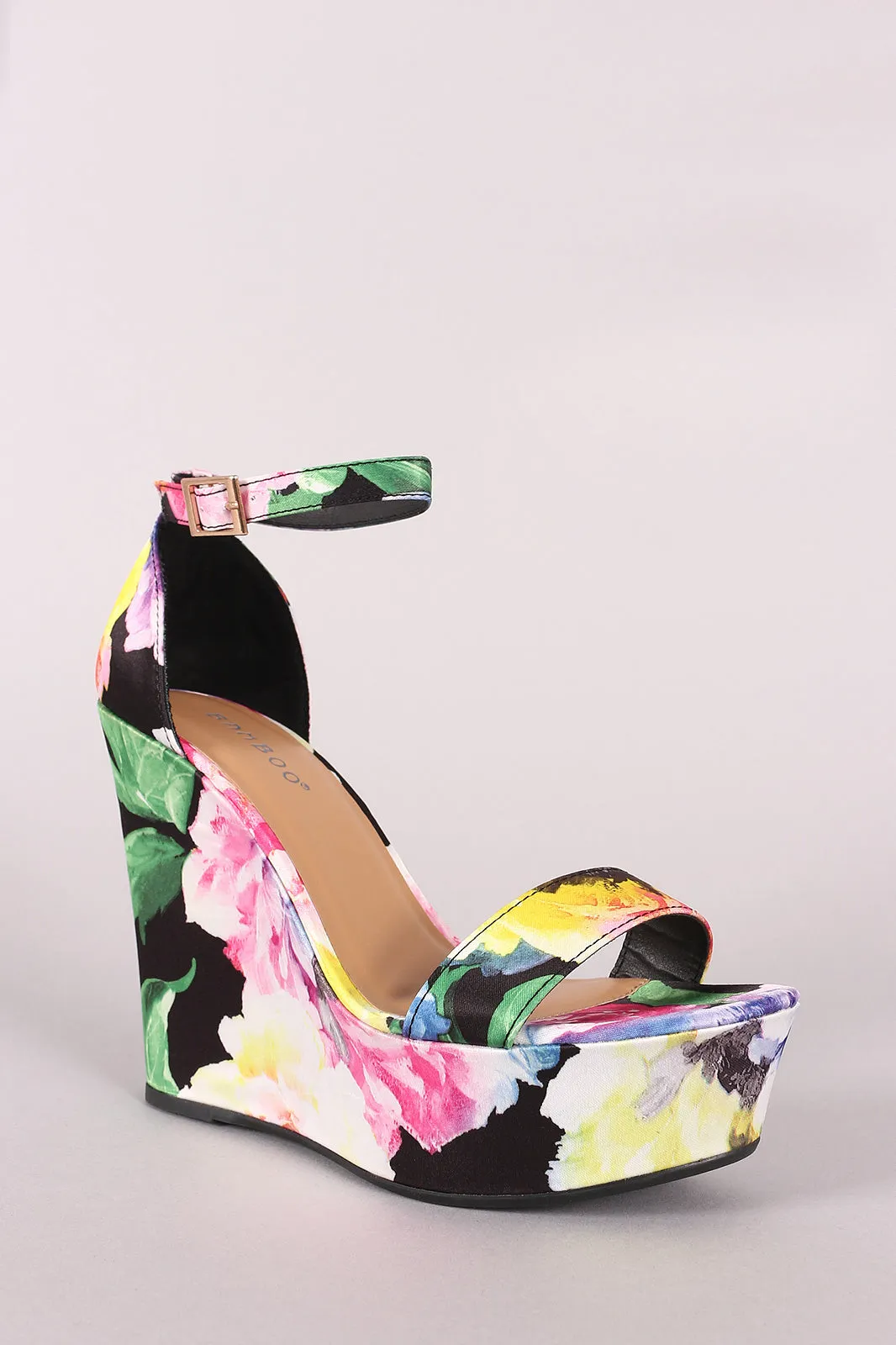 Bamboo Floral Print Ankle Strap Platform Wedge