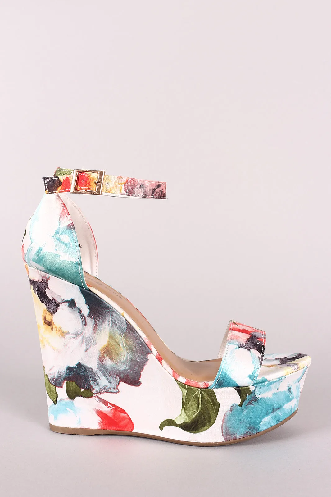 Bamboo Floral Print Ankle Strap Platform Wedge