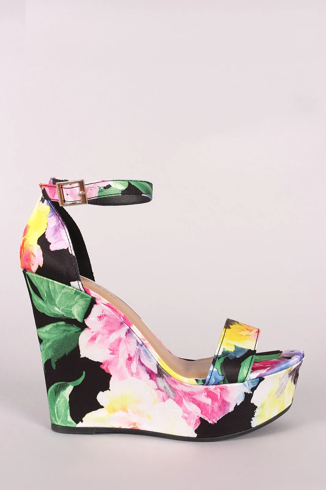 Bamboo Floral Print Ankle Strap Platform Wedge