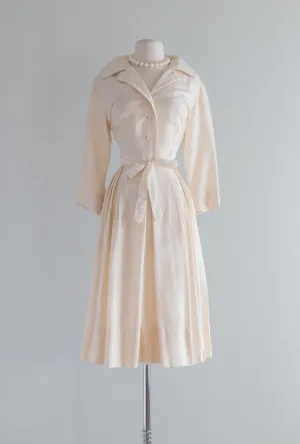 Beautiful 1950's Ivory Silk Shirtwaist Pleated Dress / ML