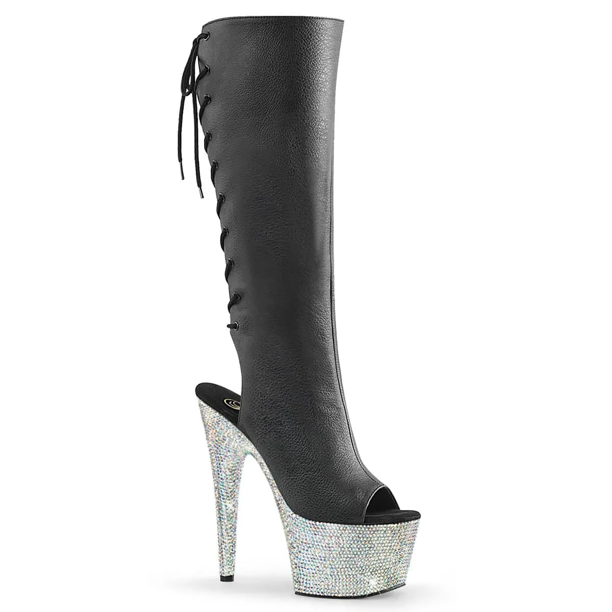 BEJEWELED-2018-7 Black & Silver Knee High Peep Toe Boots