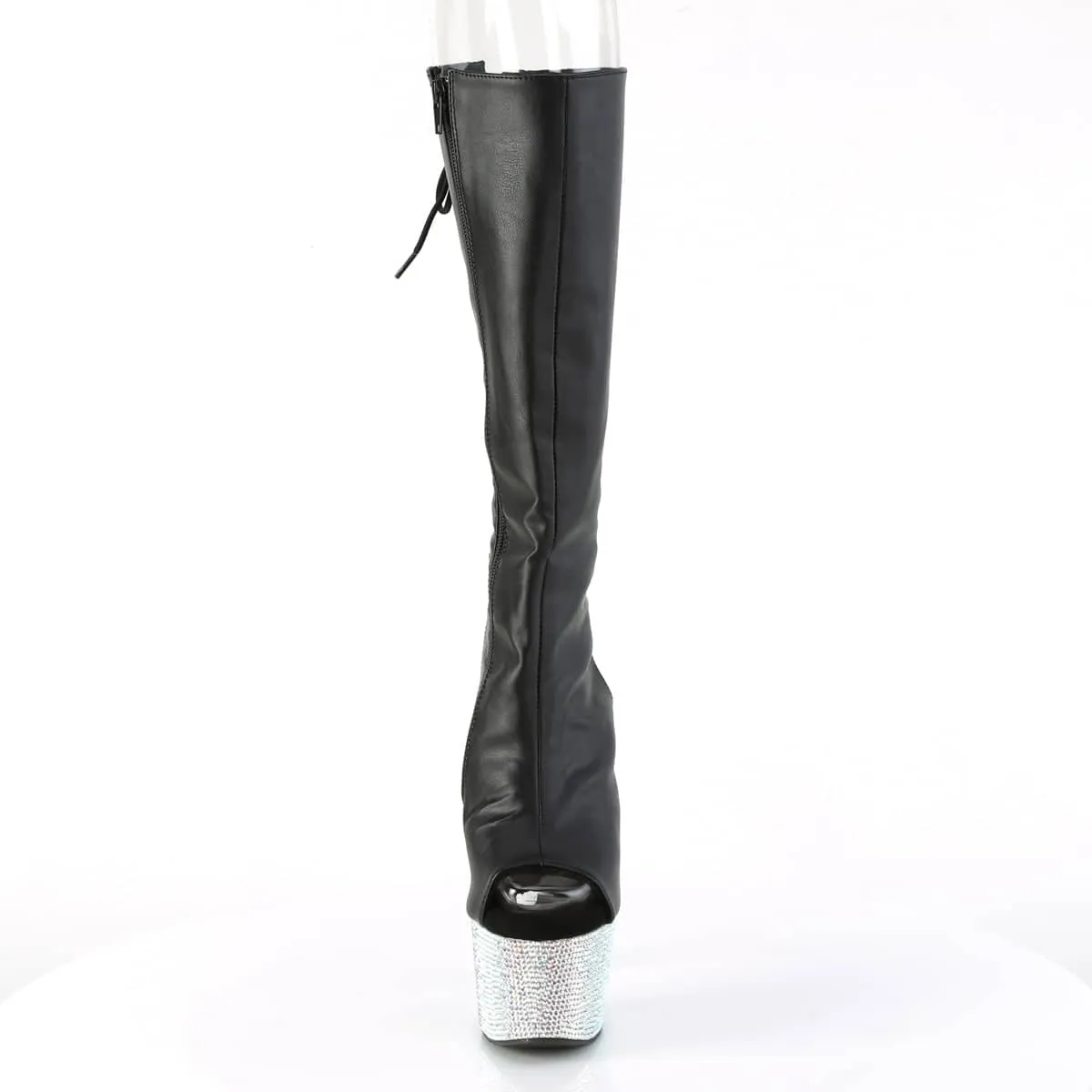 BEJEWELED-2018-7 Black & Silver Knee High Peep Toe Boots