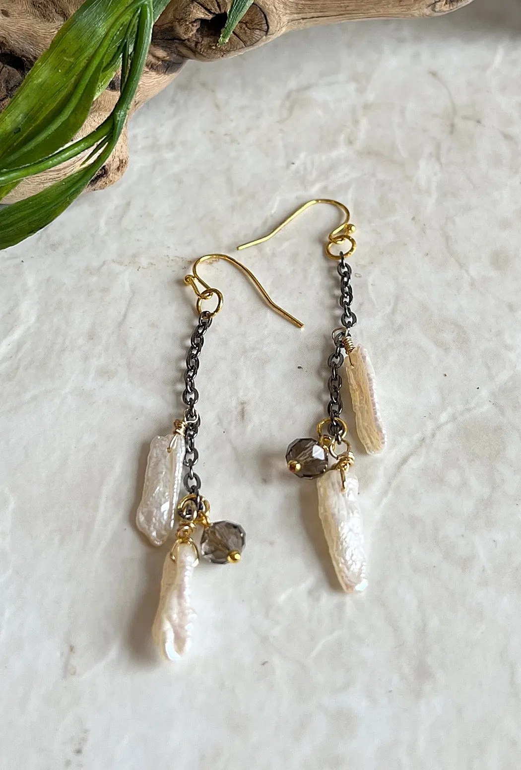 Biwa Pearl Mix-Metal Earrings