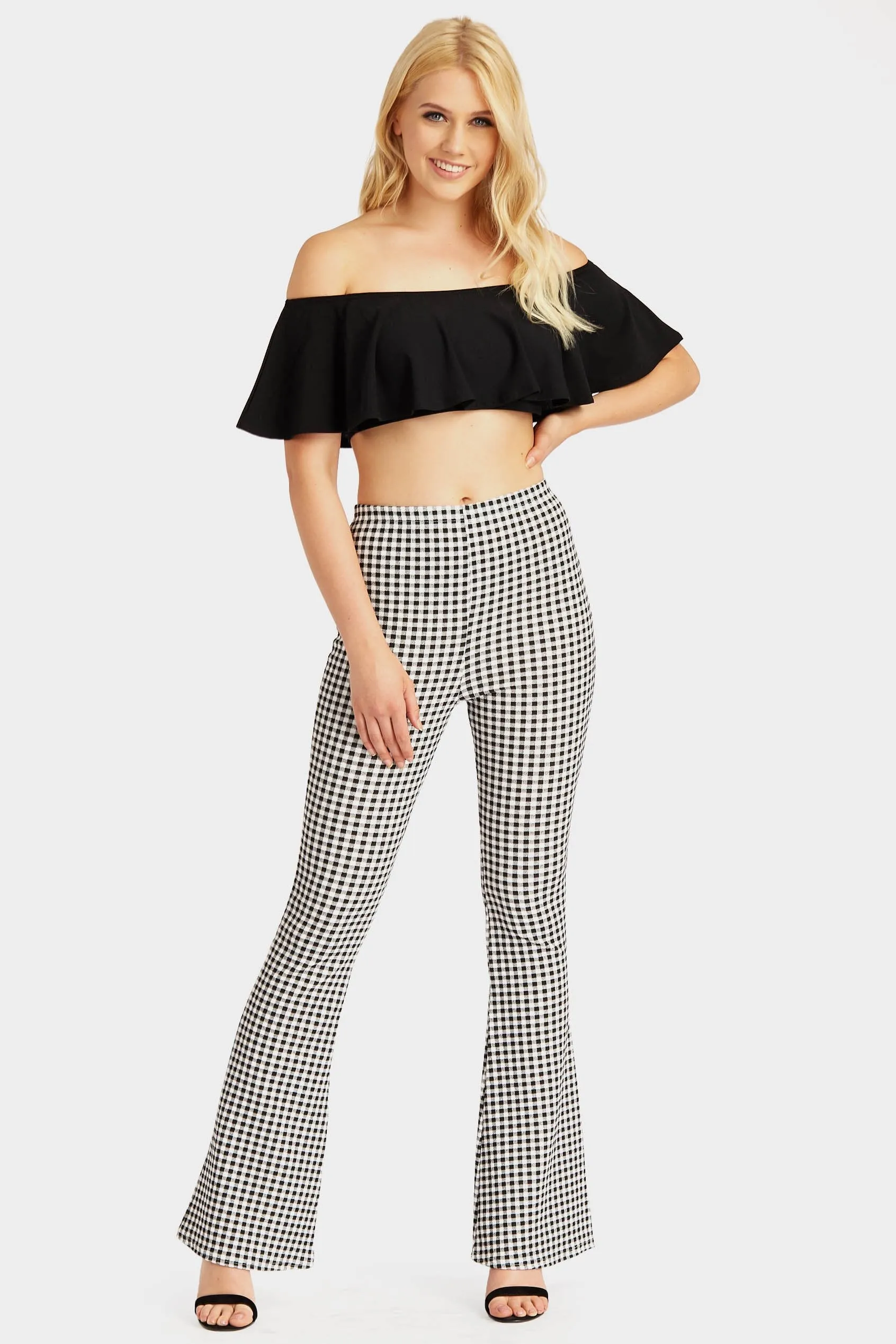 Black Gingham Fit & Flared Trousers