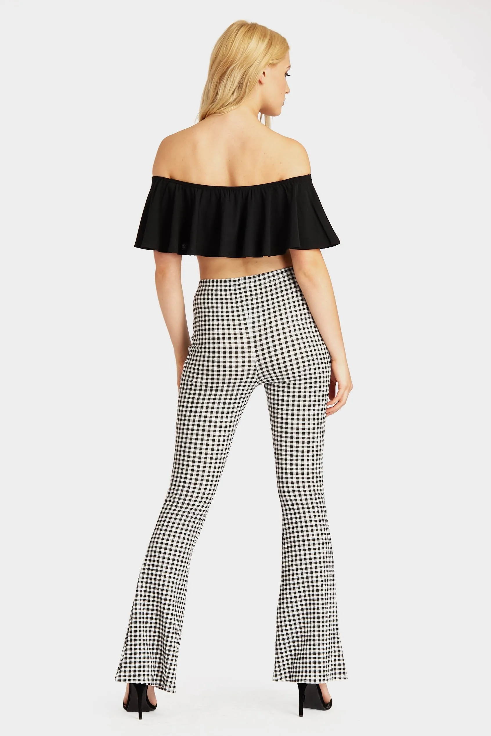 Black Gingham Fit & Flared Trousers