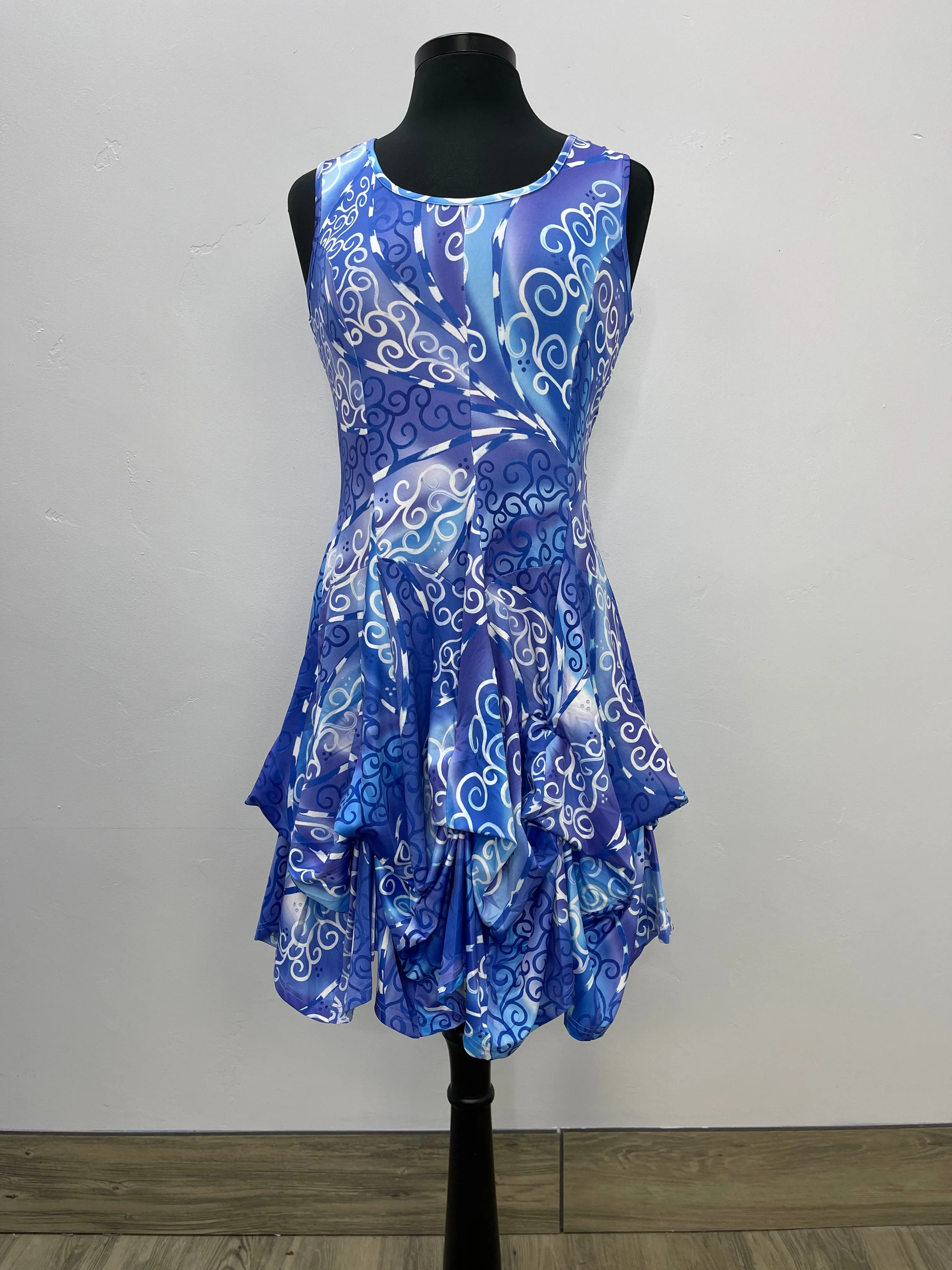 Blue Swirl Sleeveless Scoop Neck Bubble Dress