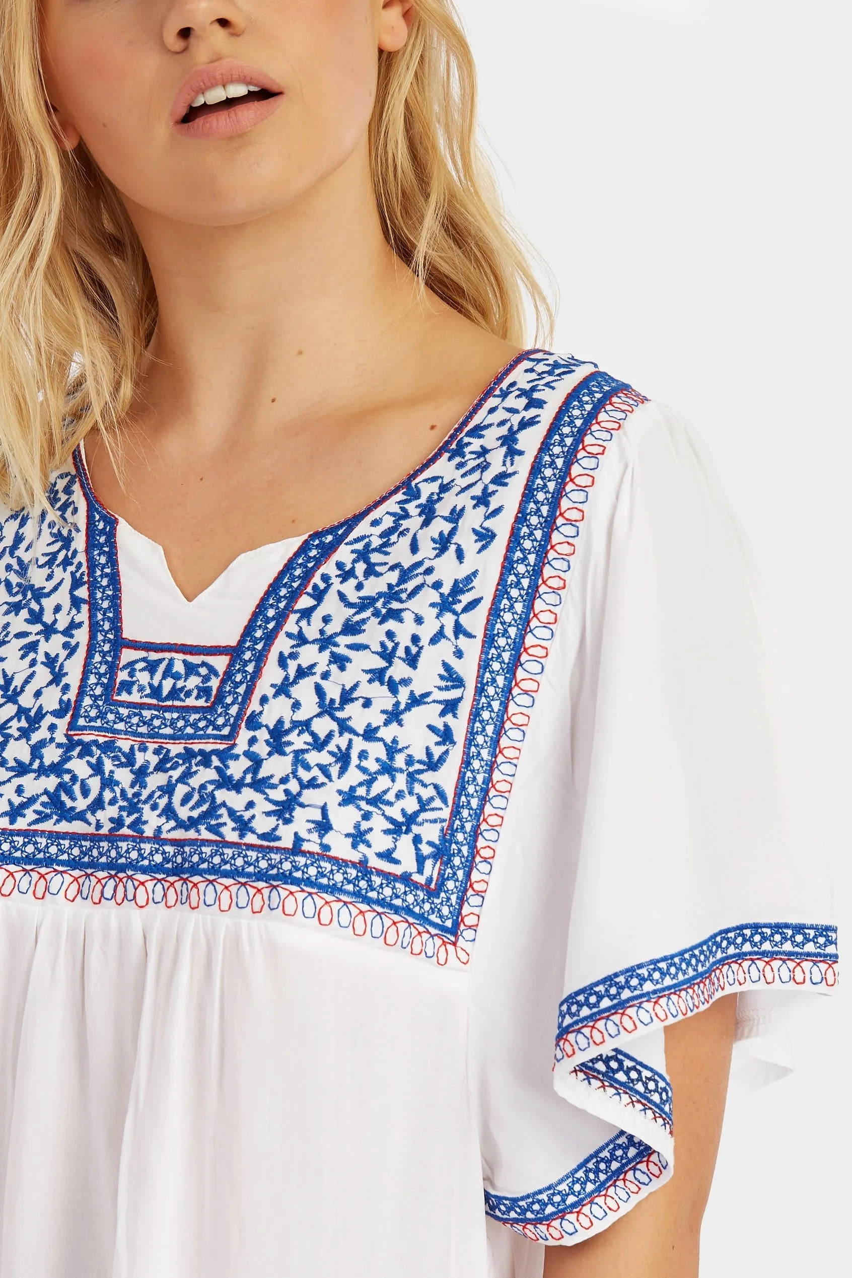 Blue/White Embroidered Neckline And Hem Beach Dress