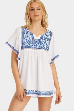 Blue/White Embroidered Neckline And Hem Beach Dress