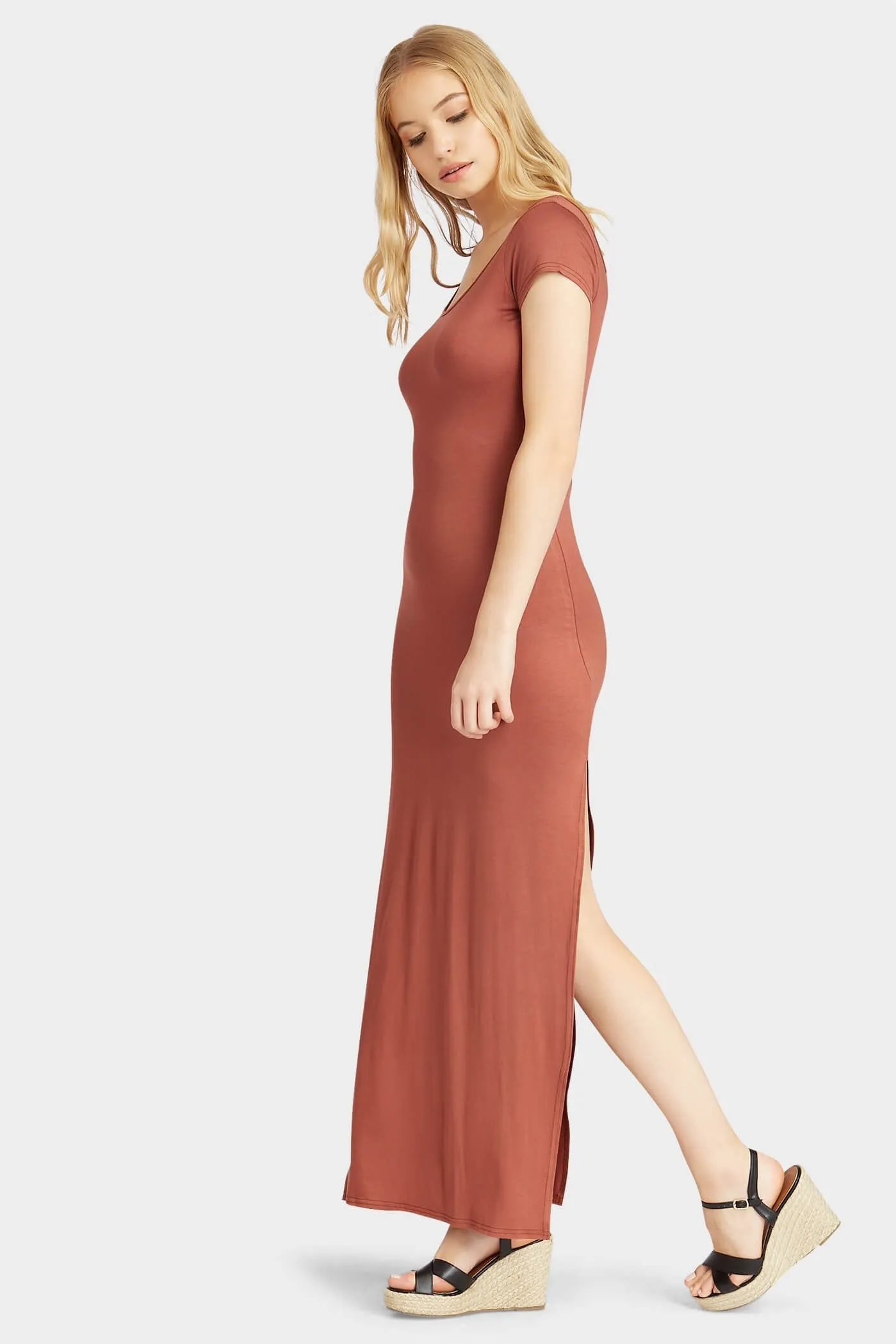 Chestnut Cap Sleeve Side Split Maxi Dress