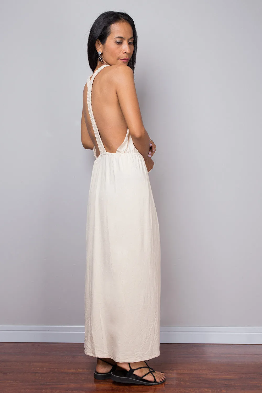 Cream dress, Halter dress, backless dress, midi dress, sleeveless dress, long cream dress, split dress, open back dress