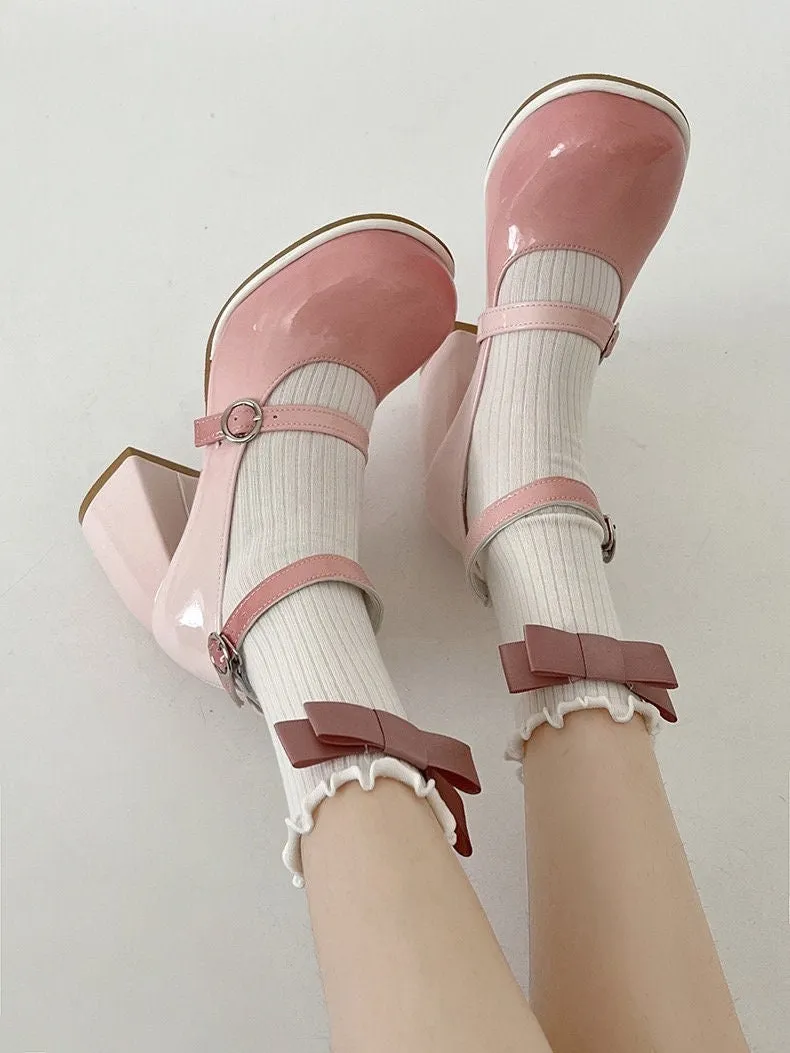 Cute Gradient Ombre Pink White Patent Leather High Heels for Women, Mary Jane Pumps, Kawaii Buckle Heels, Black Grey Shoes Size 35 to 39