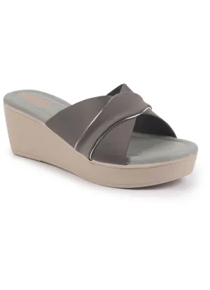 FAUSTO Women Grey Silver Lining Open Toe Cross Strap Wedge Slip On Sandal With Cushioned Footbed|Sandal For Party|Festive|Wedding