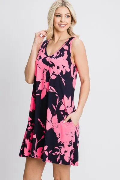 Floral V-Neck Tank Dress with Pockets