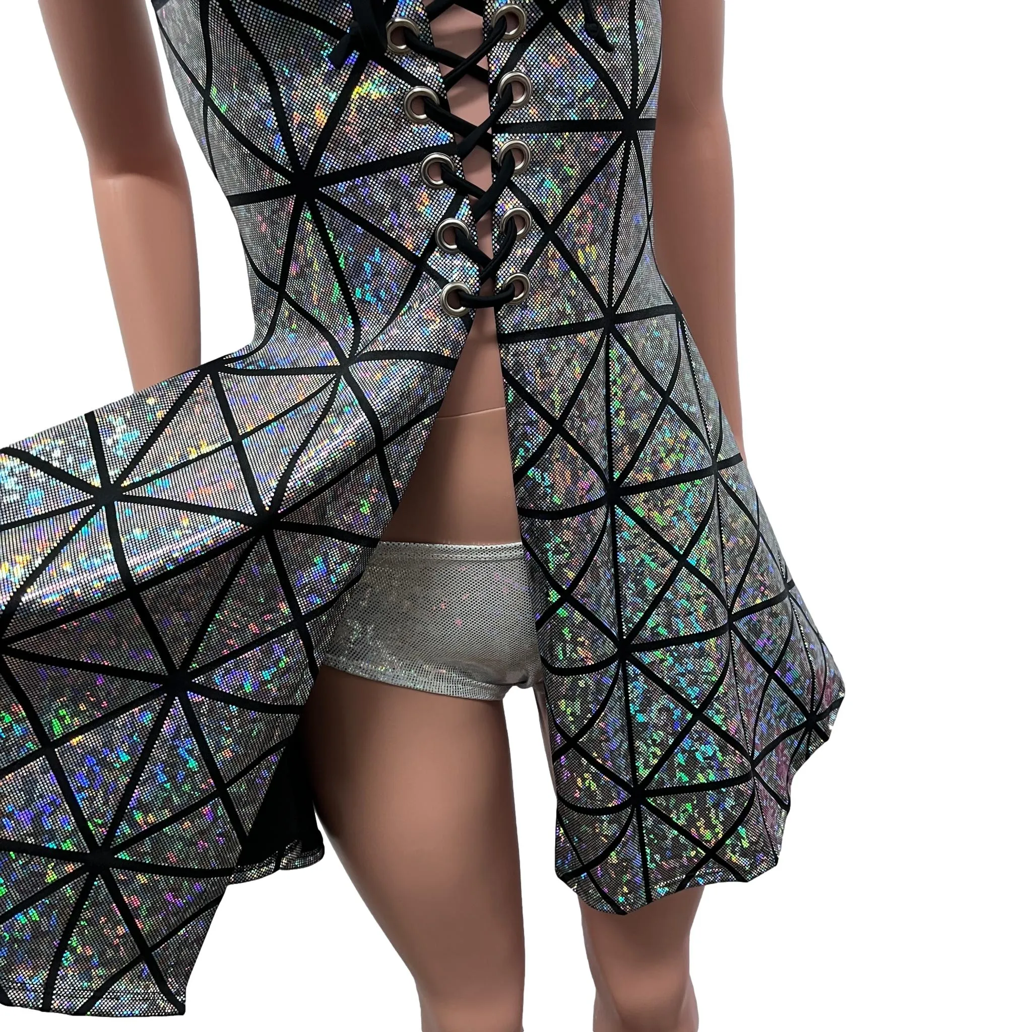 Lace-Up Open-Front Dress - Silver Glass Pane Holographic