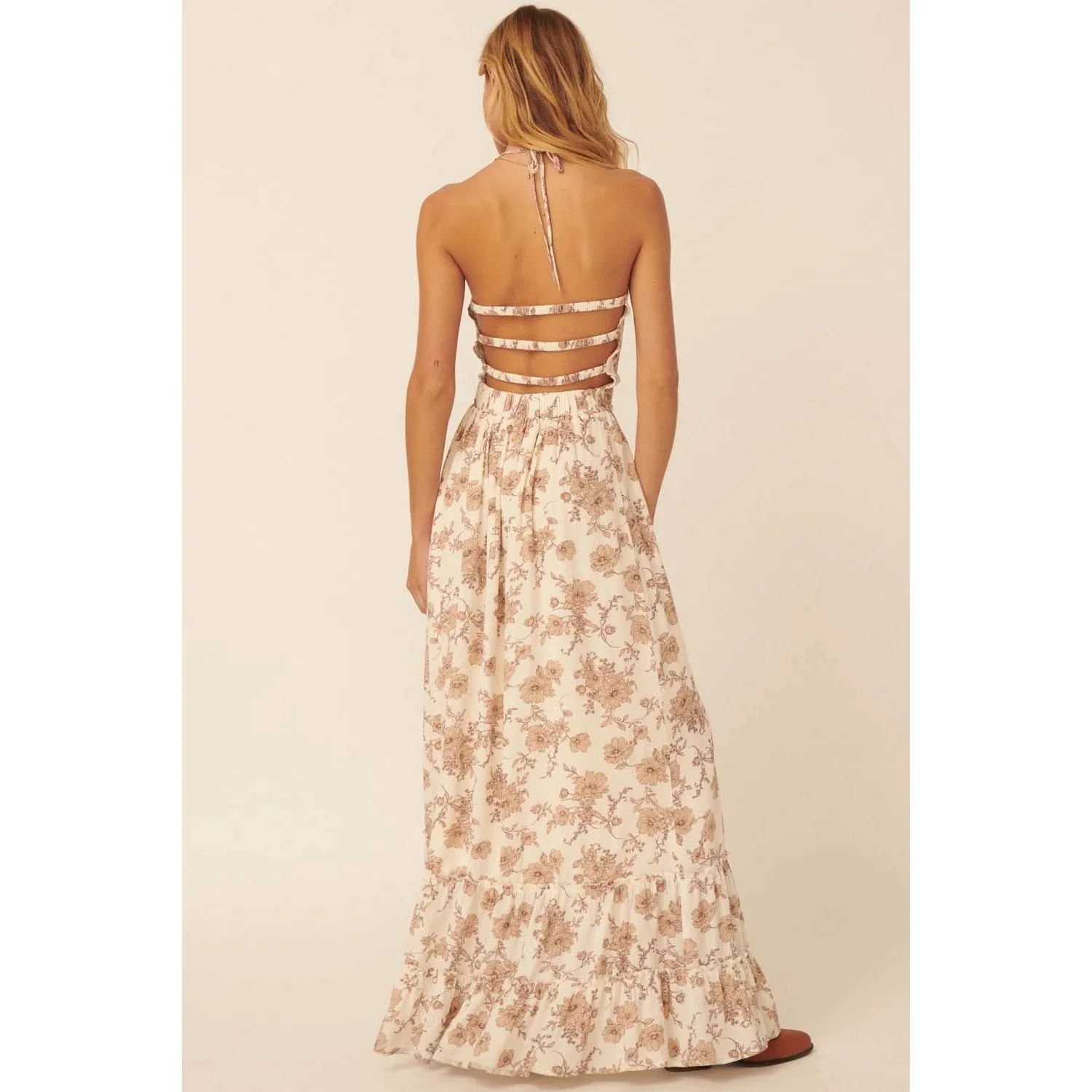 Marie Ann Floral Drawstring Halter Neck Smocked Maxi Dress