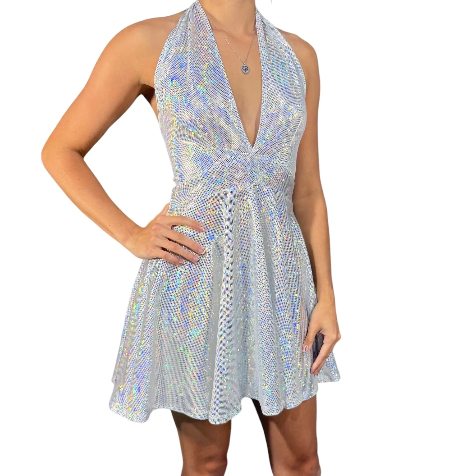 Marilyn Silver Halter Skater Fit n Flare Dress - Holo Shattered Glass