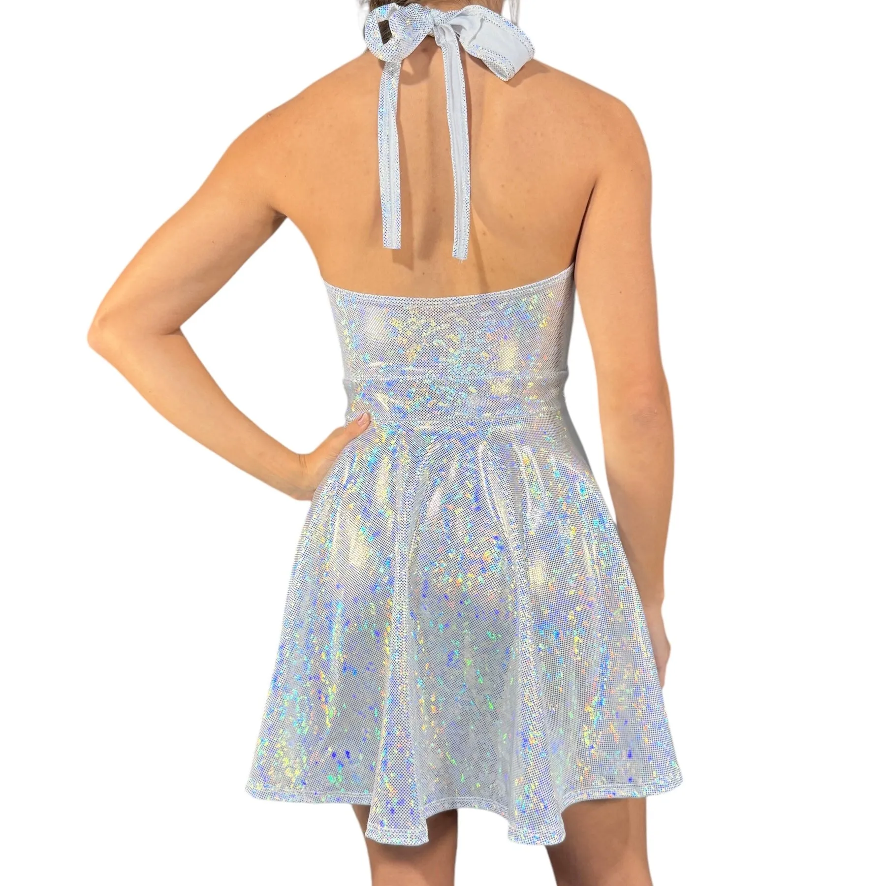 Marilyn Silver Halter Skater Fit n Flare Dress - Holo Shattered Glass