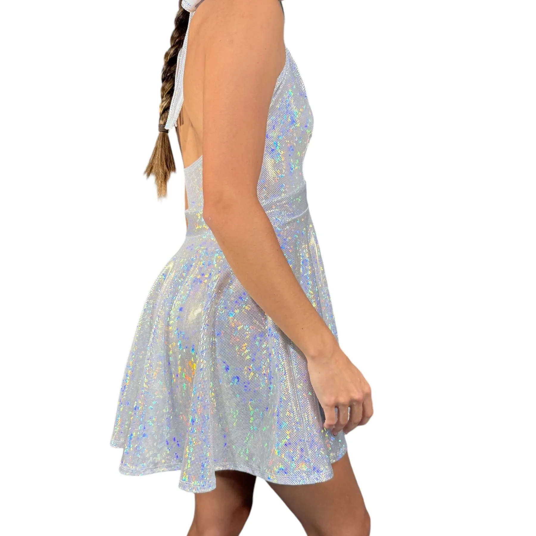 Marilyn Silver Halter Skater Fit n Flare Dress - Holo Shattered Glass