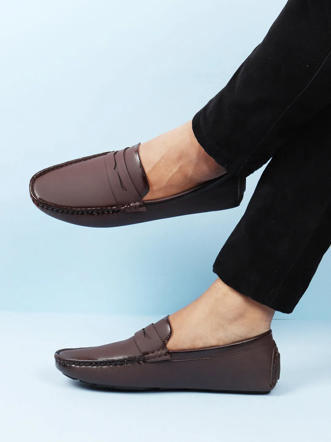 Men Brown Hand Stitched Comfort Loafer and Moccasin Shoes