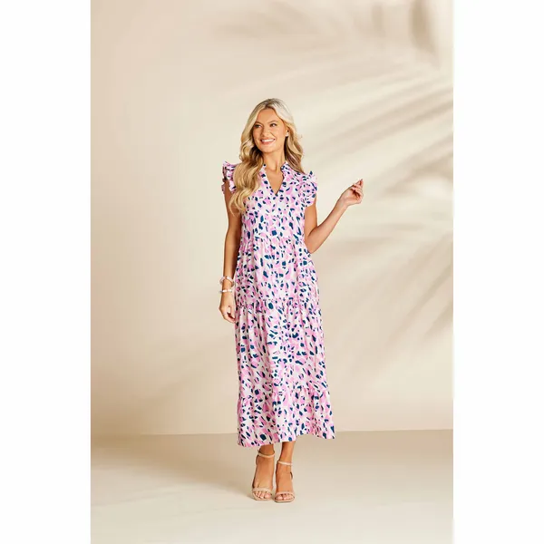 Mudpie Adair Pink Print Tiered Maxi Dress