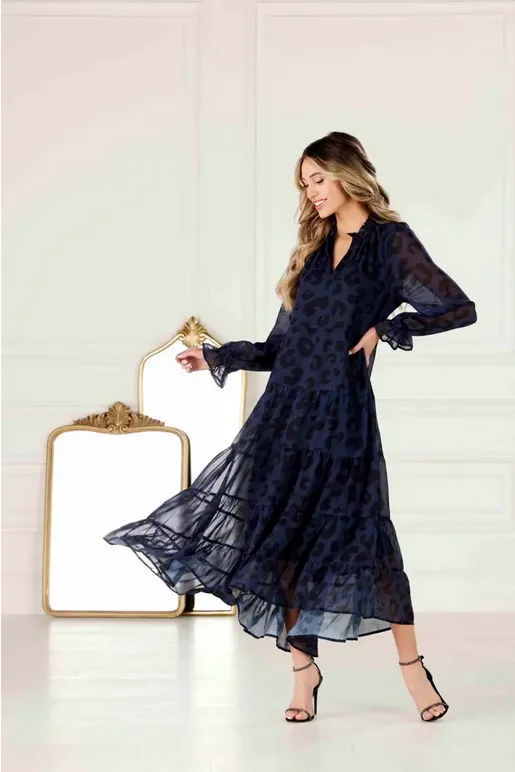 Mudpie Simone Navy Leopard Chiffon Maxi Dress