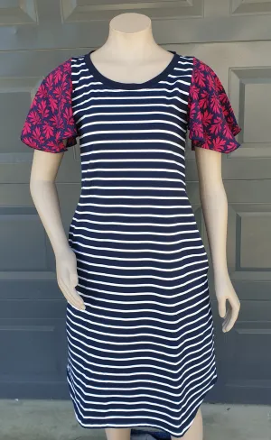 Navy Stripe Hot Pink Sleeve Flutter Sleeve Dress