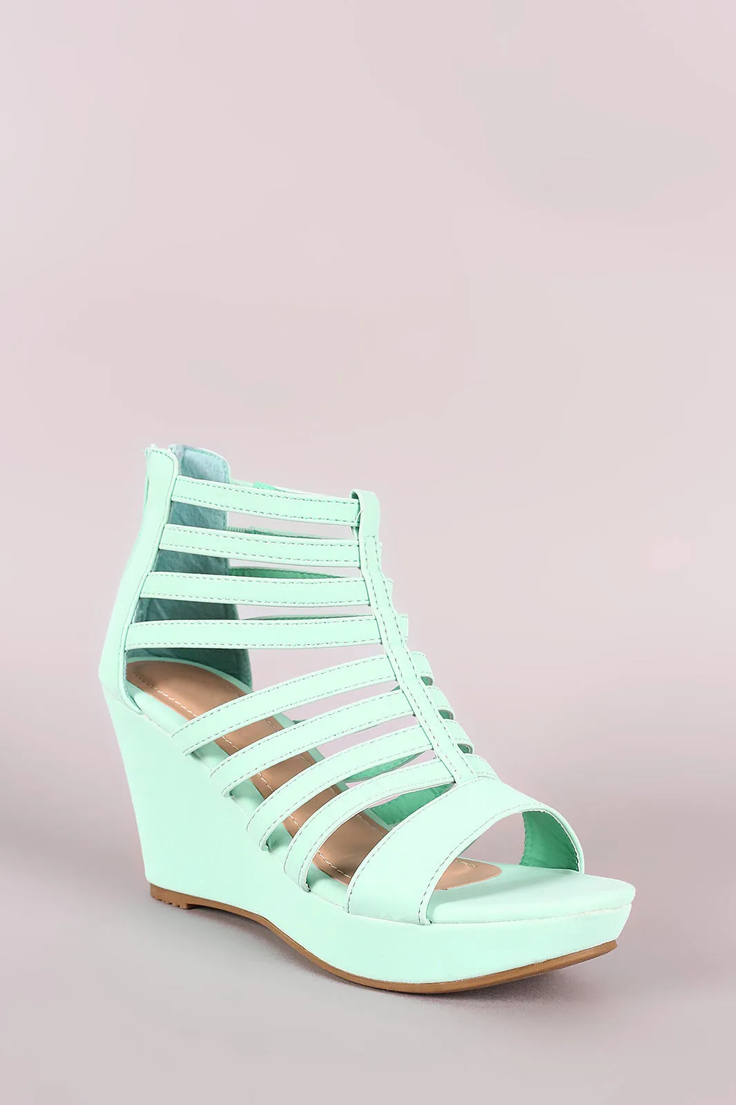 Nubuck Strappy Caged Platform Wedge