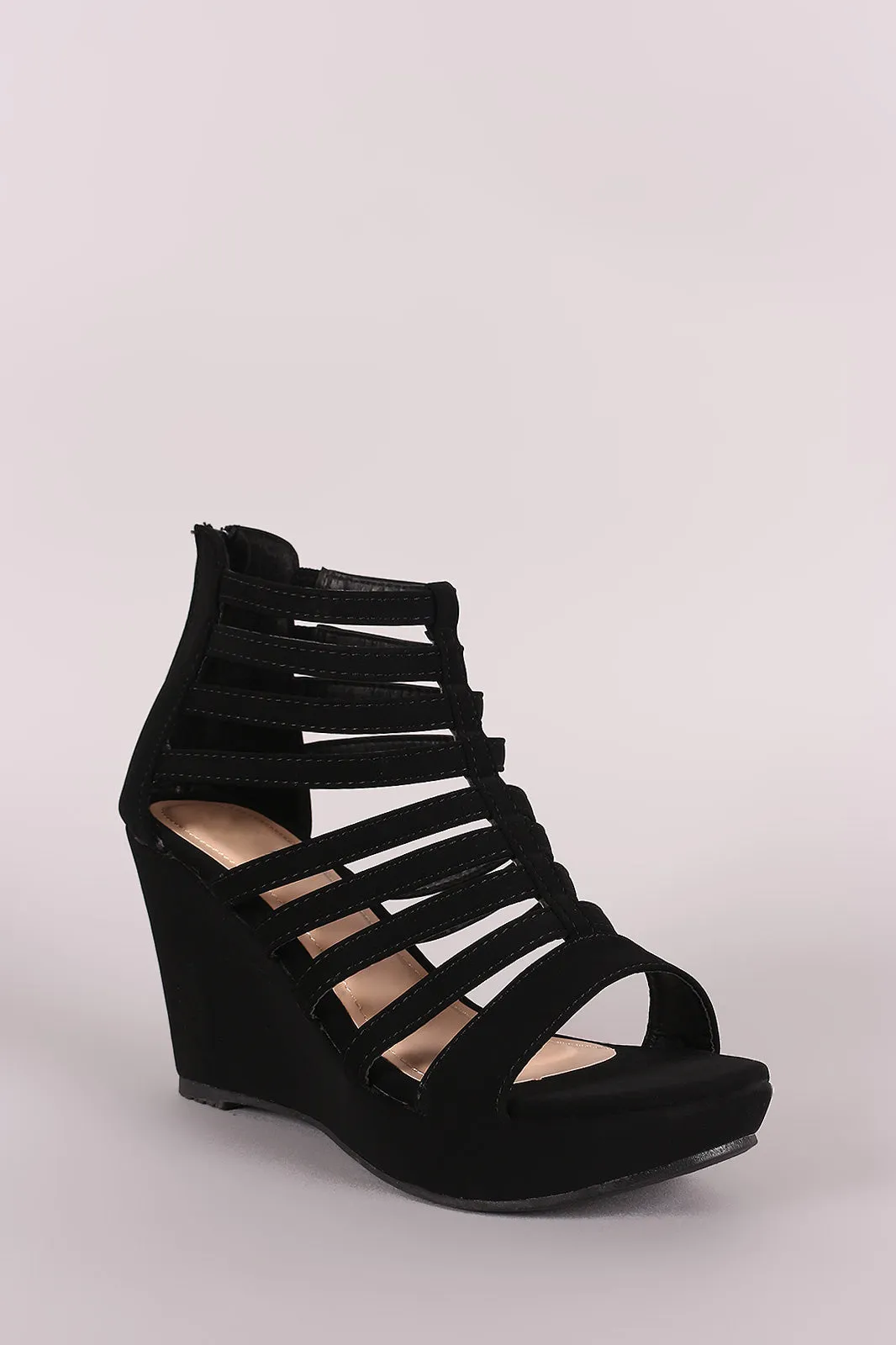 Nubuck Strappy Caged Platform Wedge