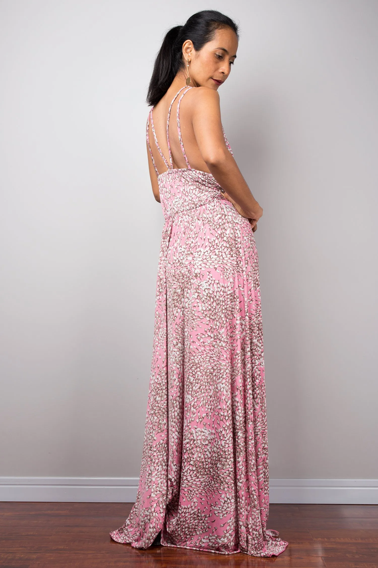 Pink Maxi Strap Dress, Formal evening frock dress, High-waist cocktail dress