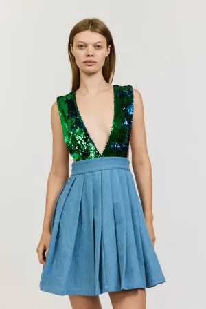 Pleated Mini Apron Dress in Denim with Green Sequins