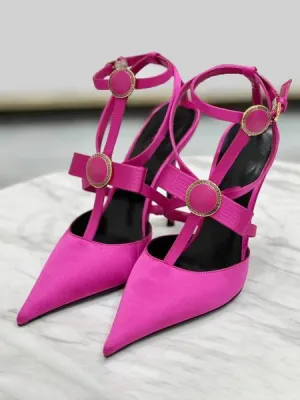 Satin High Heels Pointed Toe Bow Strappy Stiletto Heel Prom Shoes