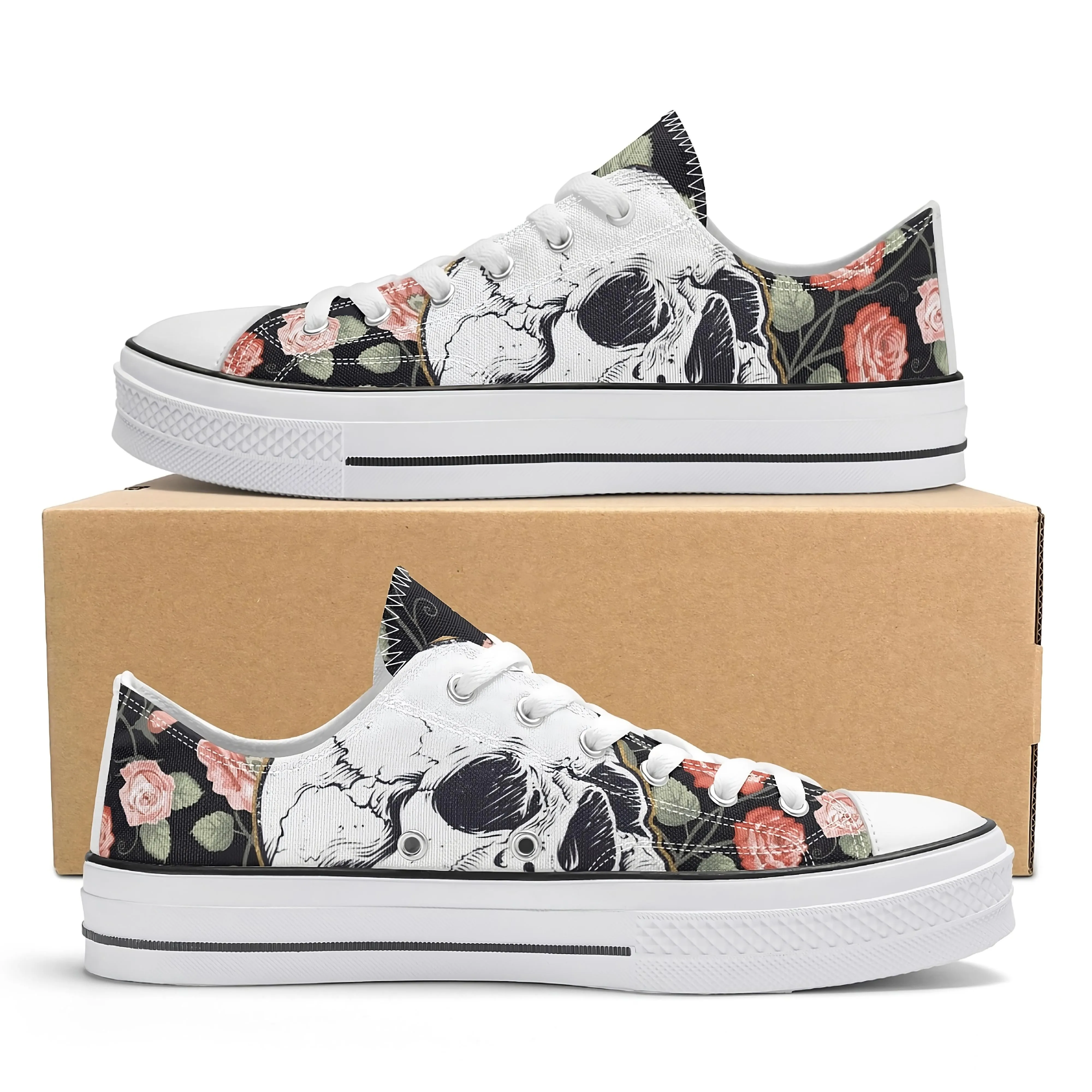 Skull & Roses Pattern - Womens Classic Low Top Canvas Shoes for Footwear Lovers