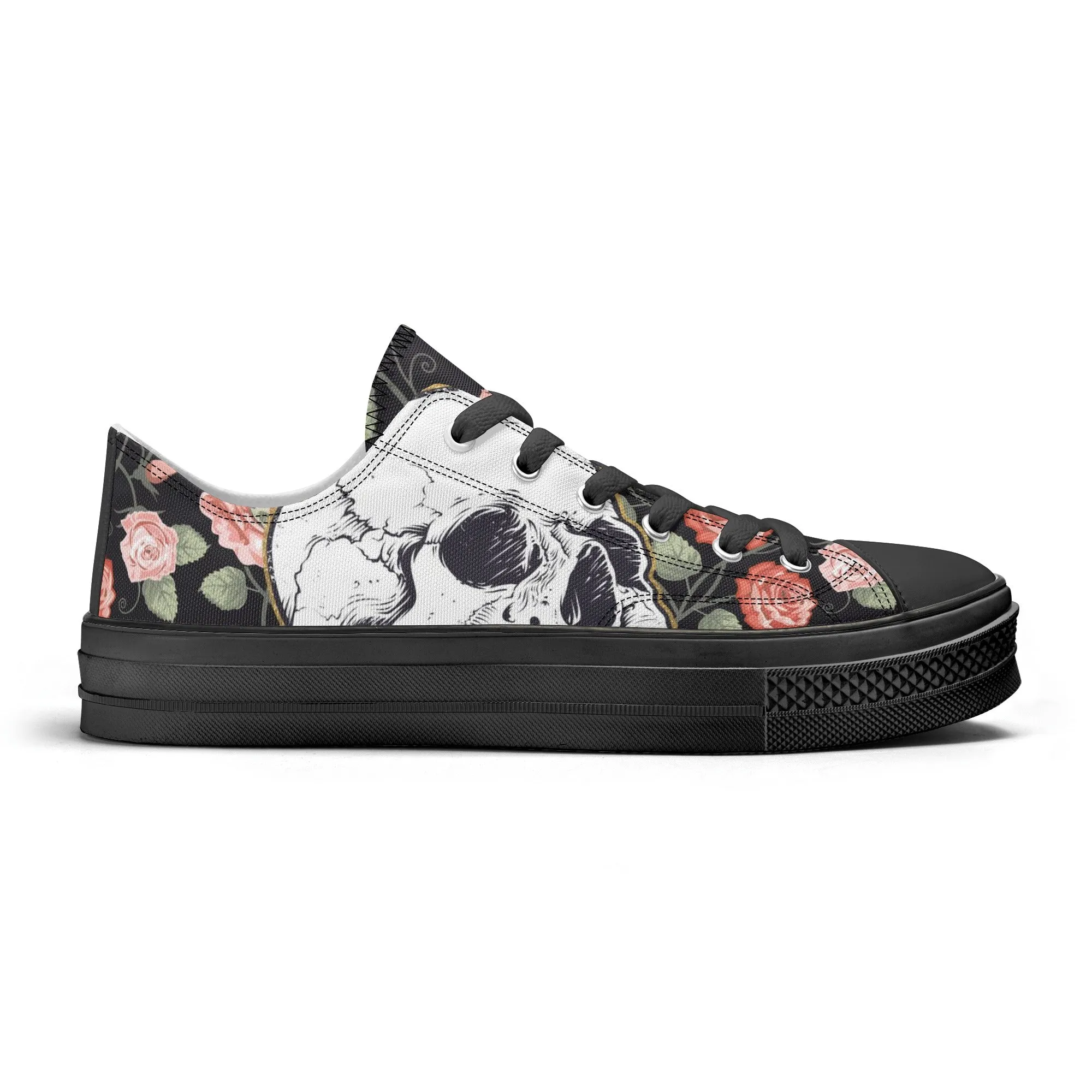 Skull & Roses Pattern - Womens Classic Low Top Canvas Shoes for Footwear Lovers