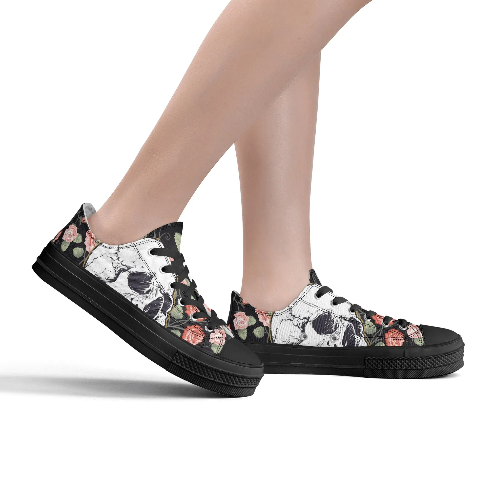 Skull & Roses Pattern - Womens Classic Low Top Canvas Shoes for Footwear Lovers