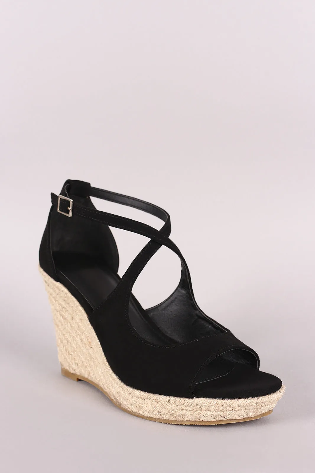 Suede Peep Toe Crisscross Strap Espadrille Platform Wedge