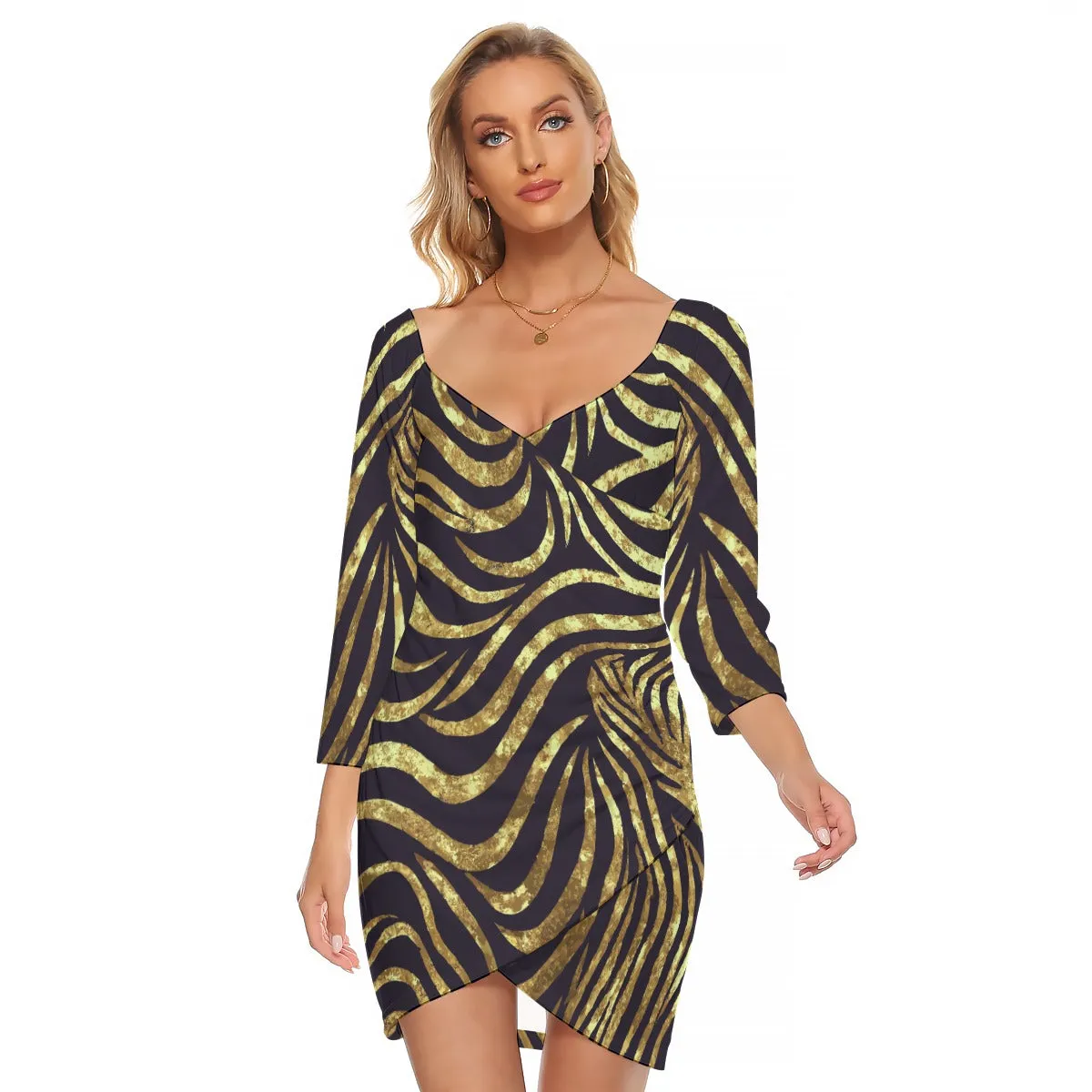 Vampire Art Grunge Black and Gold Zebra Women's Off-shoulder Long Sleeve Dress