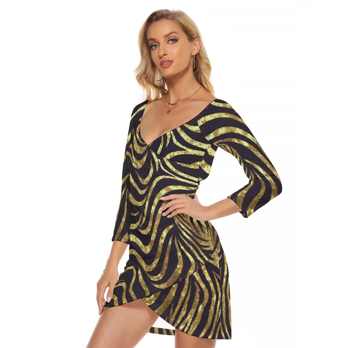 Vampire Art Grunge Black and Gold Zebra Women's Off-shoulder Long Sleeve Dress