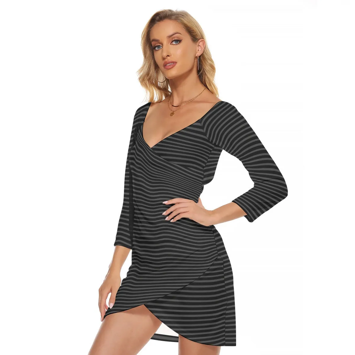 Vampire Art Grunge Stripy Black & Charcoal Women's Off-shoulder Long Sleeve Dress