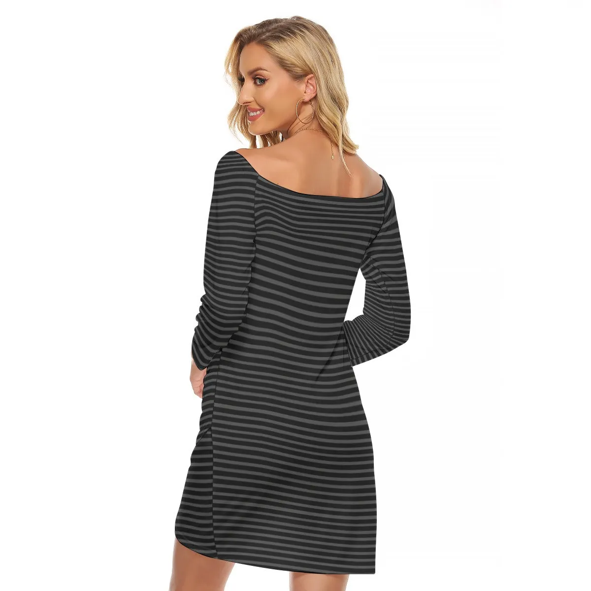 Vampire Art Grunge Stripy Black & Charcoal Women's Off-shoulder Long Sleeve Dress