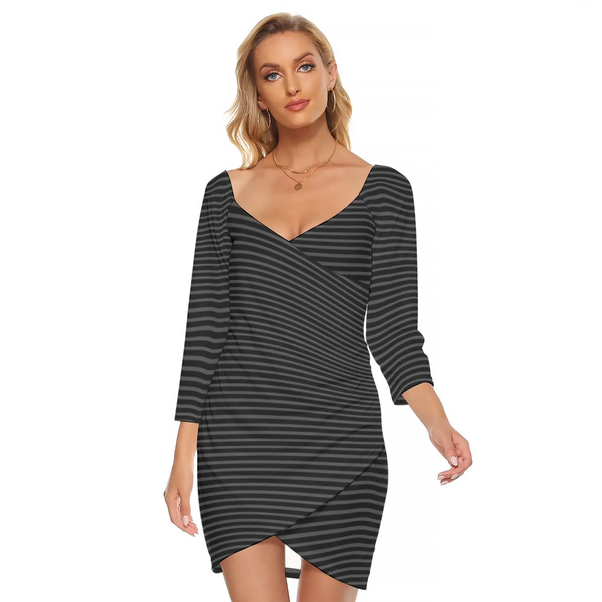 Vampire Art Grunge Stripy Black & Charcoal Women's Off-shoulder Long Sleeve Dress