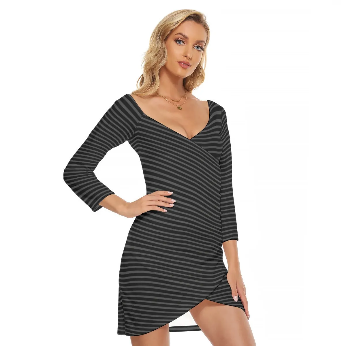 Vampire Art Grunge Stripy Black & Charcoal Women's Off-shoulder Long Sleeve Dress