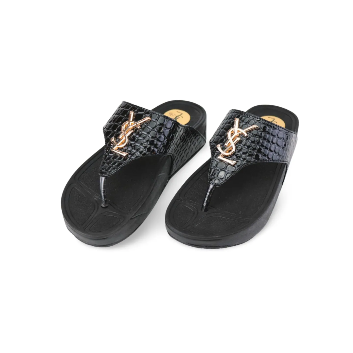 Women's Black Flip Flop Wedge Sandals with Gold YSL Logo