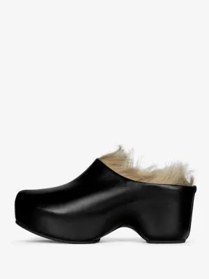 Women's Clogs Black Platform Backless Wedge Heel Winter Mules